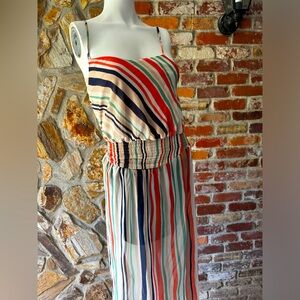 Fire Los Angeles, 100% polyester, size small, striped, orange and blue dress